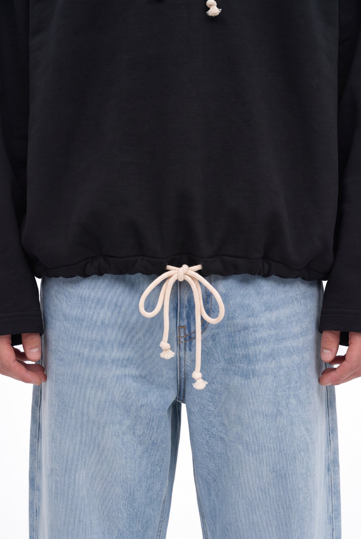Cloud Drawstring Black Hoodie men - drawstring hem close-up