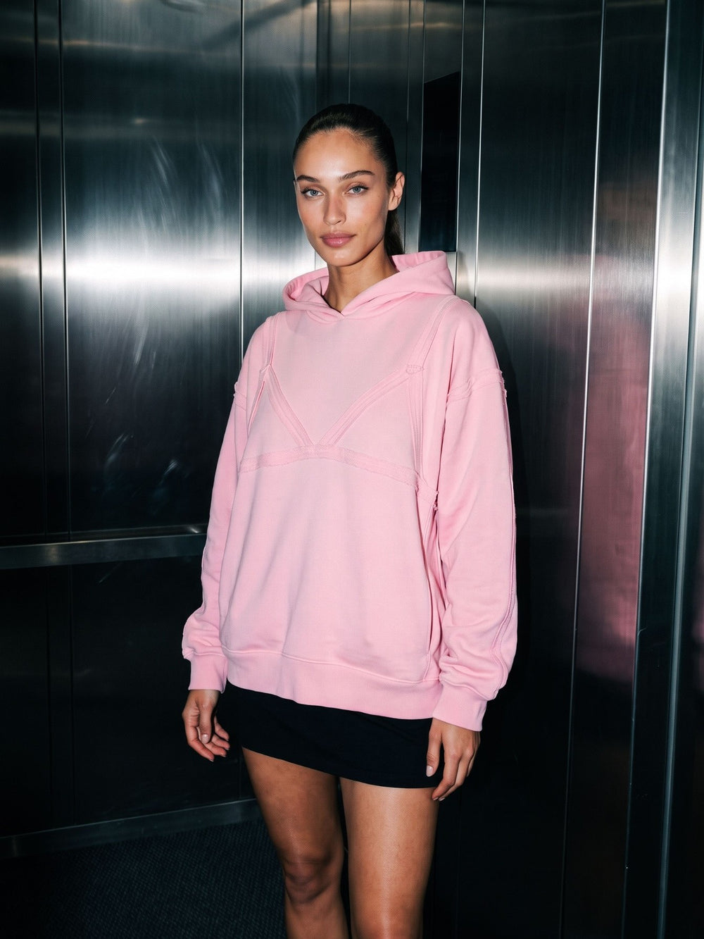 AW '26 – Bra Overlay Pink Hoodie, editorial