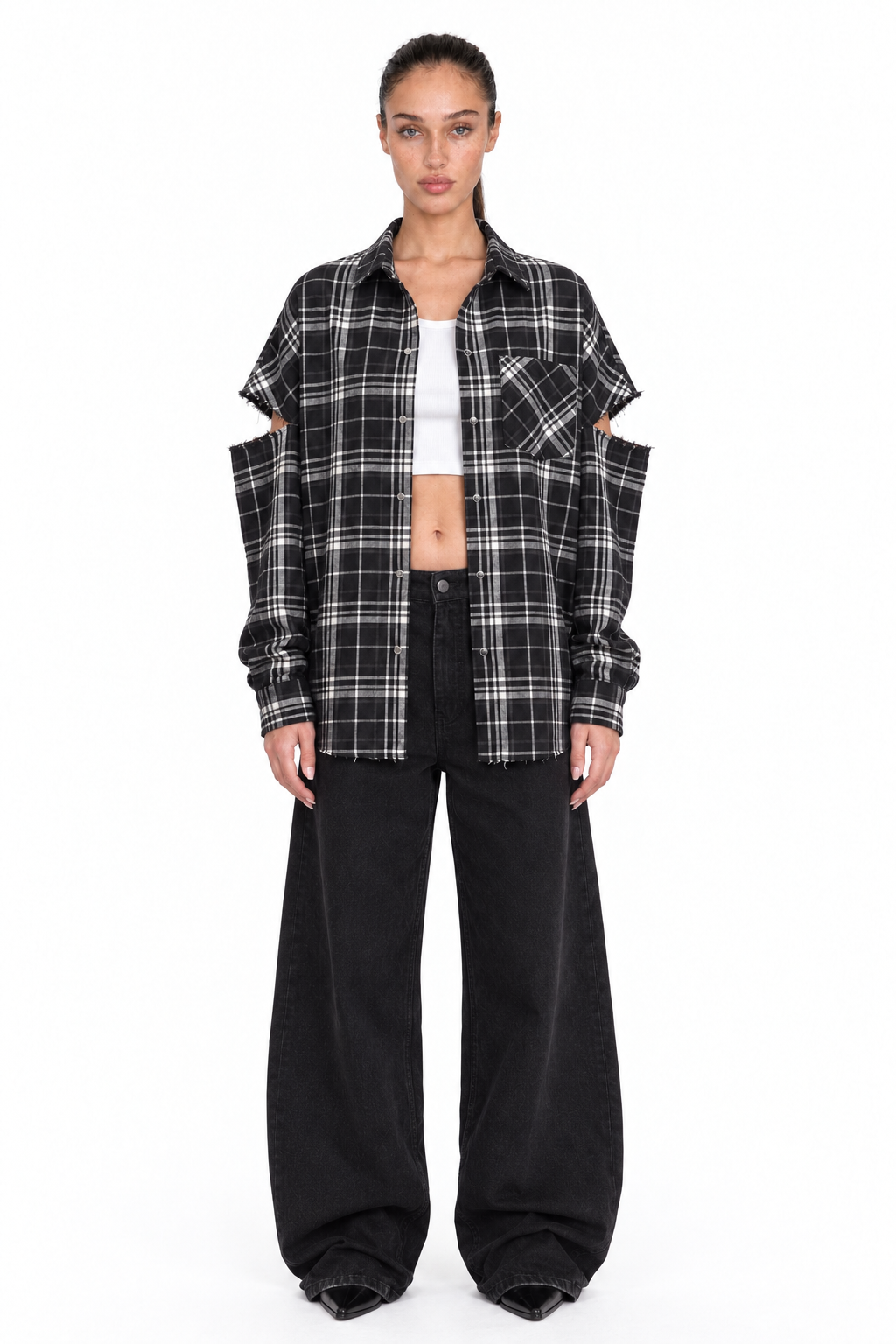 Fragmented Sleeves Shirt B/W – full look