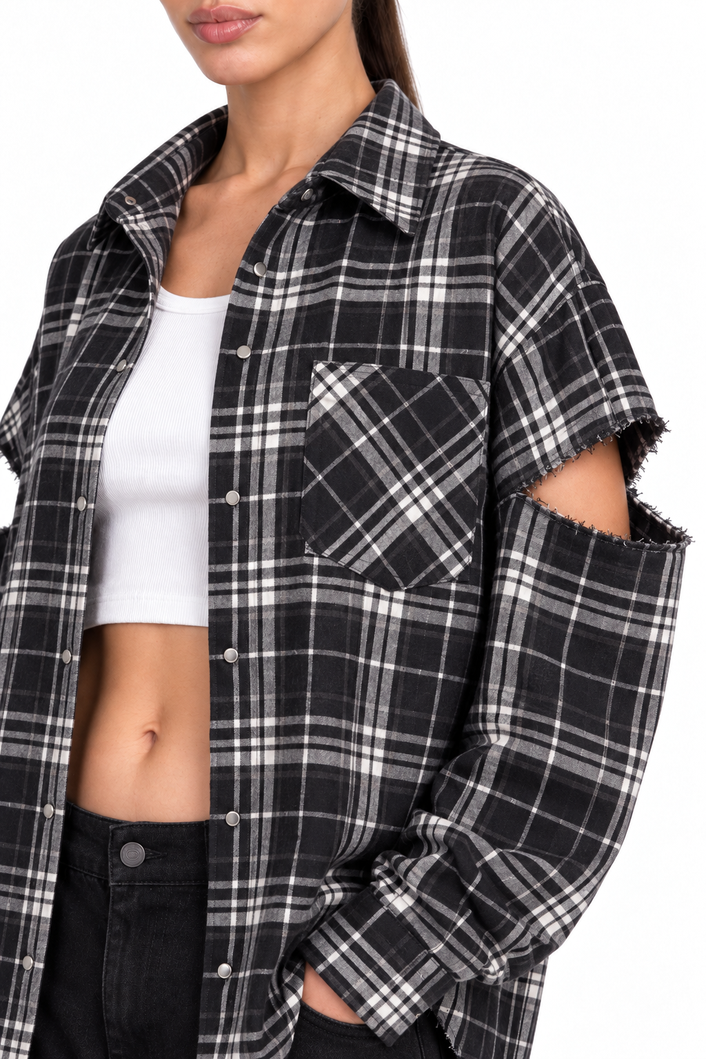 Fragmented Sleeves Shirt B/W – sleeve cut-out detail