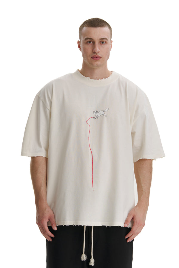 Tricou oversized ivory Miau Miau full-print — Mysimplicated