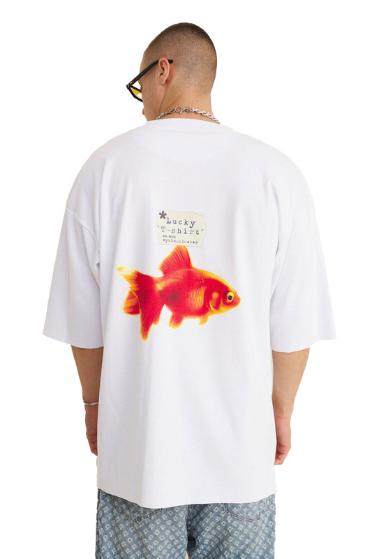 Tricou alb din bumbac supradimensionat Lucky