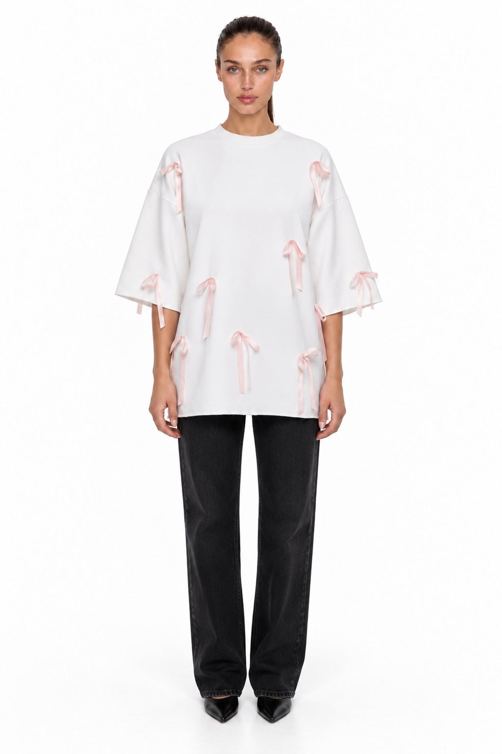 Oversized White Ribbon T-shirt - MYS - full body