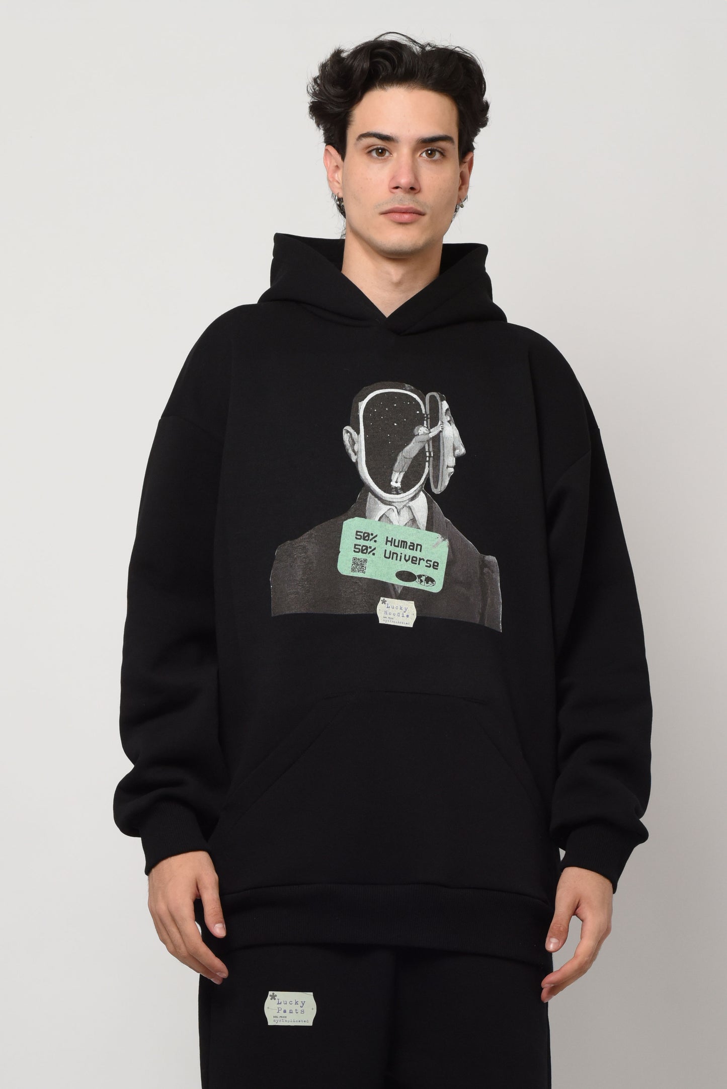 Black Hoodie 50% Human 50% Universe